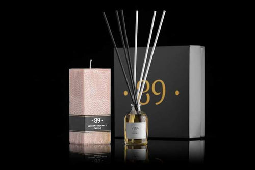 AROMATIC •89• | Home Fragrance With Sticks & Scented Candle Set Blue Night - BLUE NIGHT. SET OF HOME FRAGRANCE & SCENTED CANDLE (Nude color). Top notes: bergamot lemons, raspberries, caramel & orange.