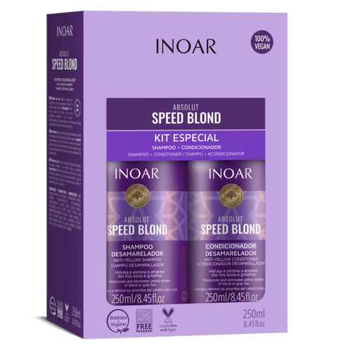 INOAR Hair Care | Duo Absolut Speed Blonde Hair Care System 2x250ml at 4R Beauty. Blonde hair reflects the health of the hair fiber. Therefore, Inoar developed the Absolut Speed Blond line especially for the daily care of bleached blonde or highlighted hair.