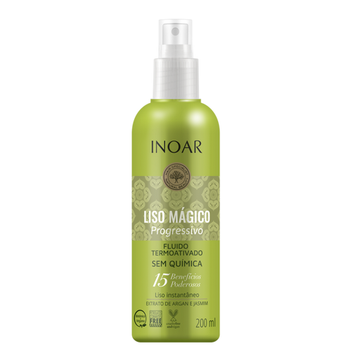 INOAR Hair Care | Thermoliss Liso Magic Straight Treatment 200ml at 4R Beauty. For natural or chemically treated hair, Inoar developed The Magic Spray, with vegan formulation, based on jasmine extract and Argan oil which moisturizes, eliminates frizz, detangles and naturally aligns the threads while protecting the hair against heat for up to 230 degrees. 